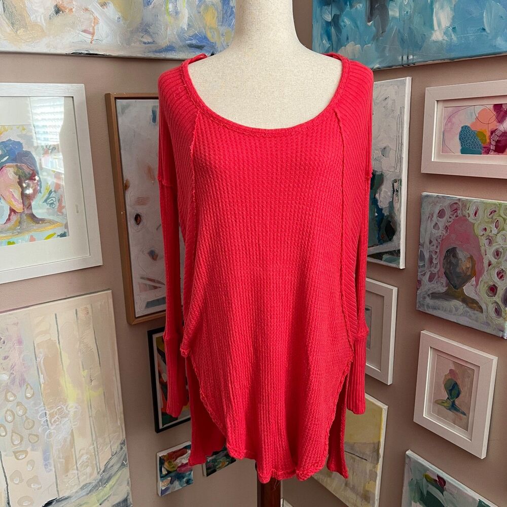 Free People Coral Ribbed Thermal Top Cozy Boho Waffle Knit Oversized Size L